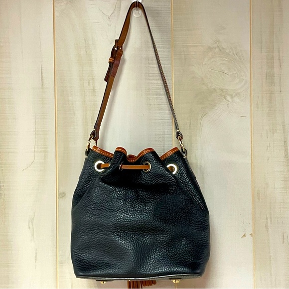 Dooney & Bourke Black Tan Saffiano Crossbody Drawstring bag - Picture 5 of 12